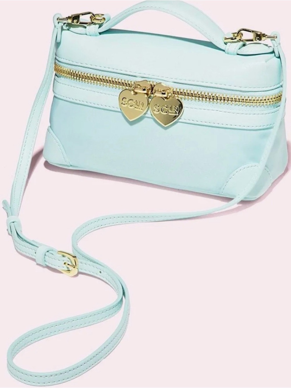 Light Blue Top-Handle Women’s Bag with Gold Heart Zippers